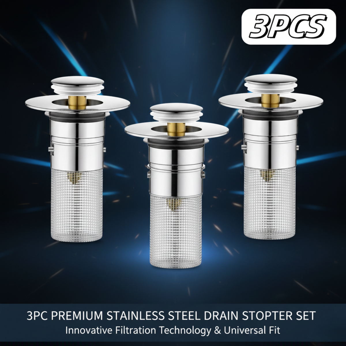 Bathroom Sink Pop-Up Drain Stopper with Removable Hair Catcher, Stainless Steel