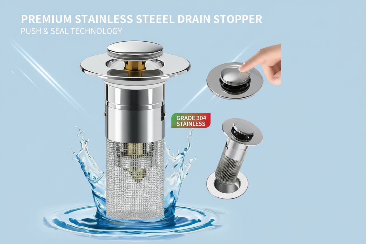 Bathroom Sink Pop-Up Drain Stopper with Removable Hair Catcher, Stainless Steel