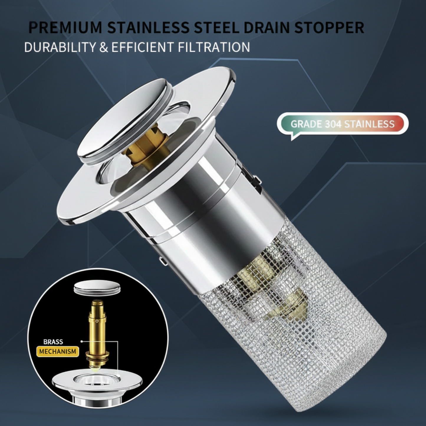 Bathroom Sink Pop-Up Drain Stopper with Removable Hair Catcher, Stainless Steel