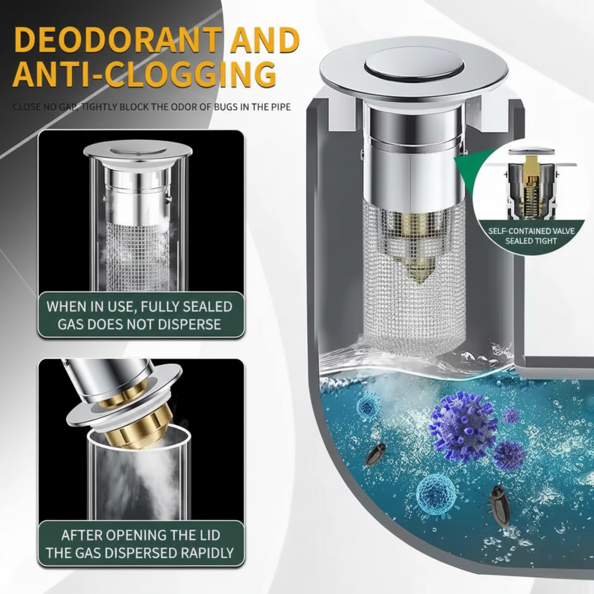 Bathroom Sink Pop-Up Drain Stopper with Removable Hair Catcher, Stainless Steel