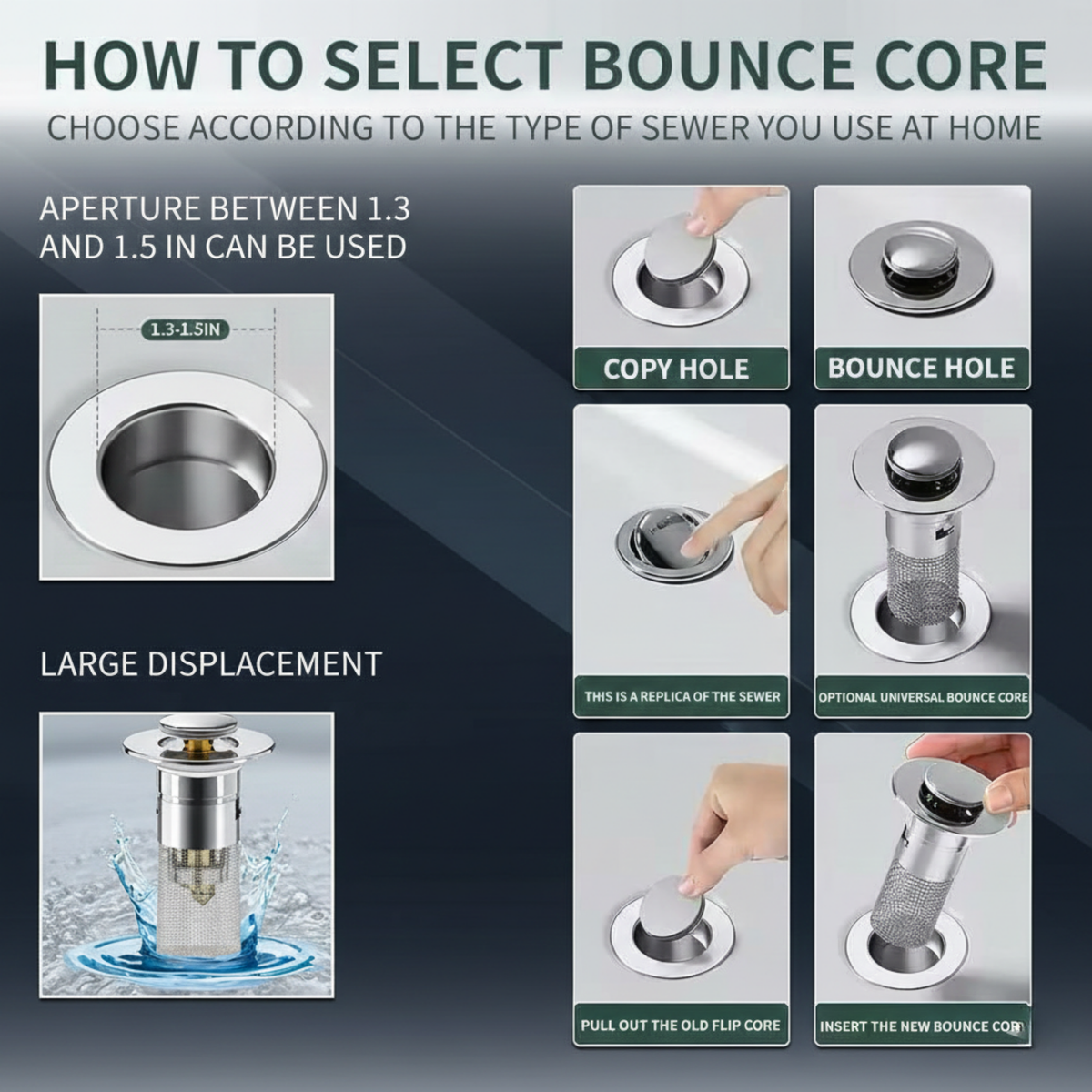 Bathroom Sink Pop-Up Drain Stopper with Removable Hair Catcher, Stainless Steel