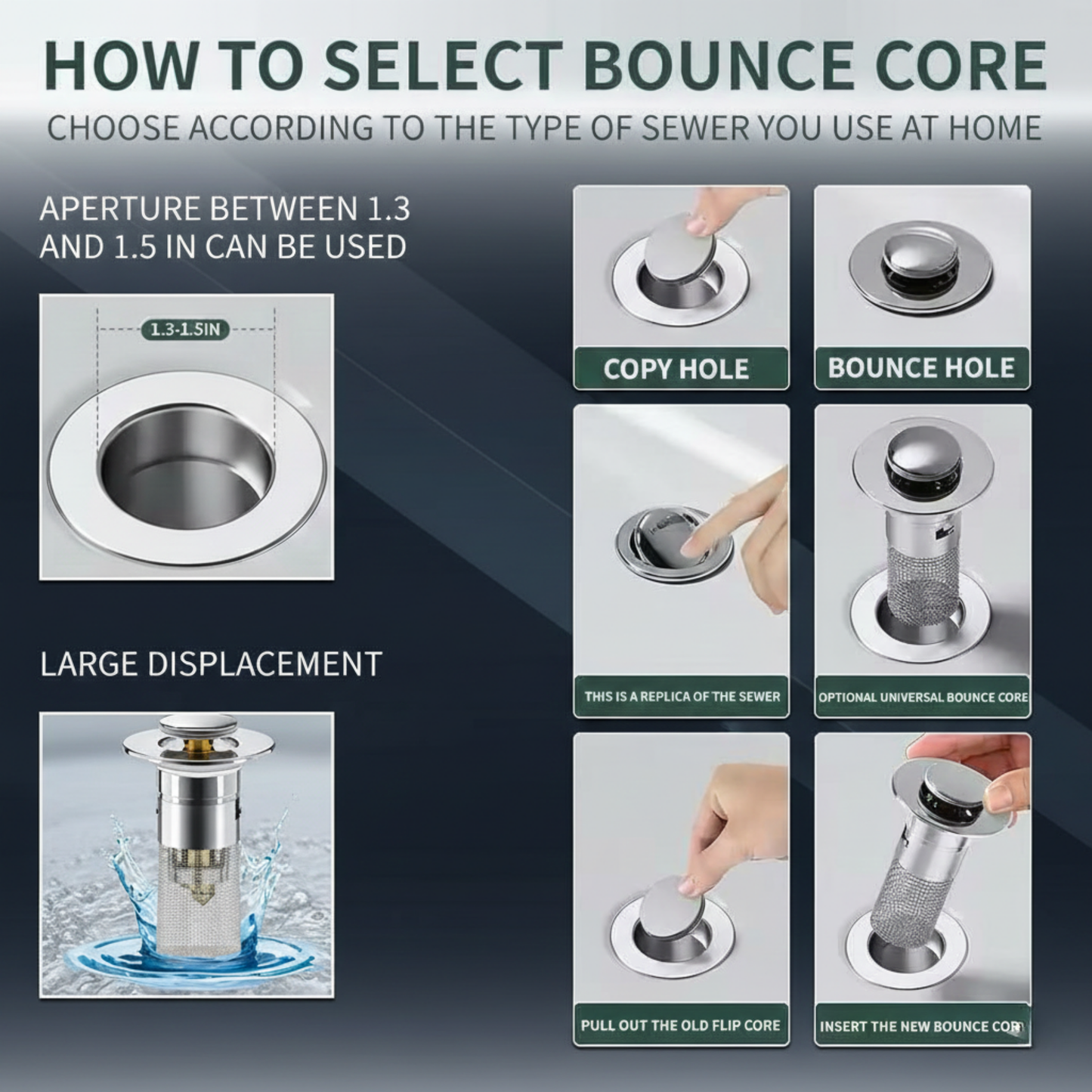 Bathroom Sink Pop-Up Drain Stopper with Removable Hair Catcher, Stainless Steel