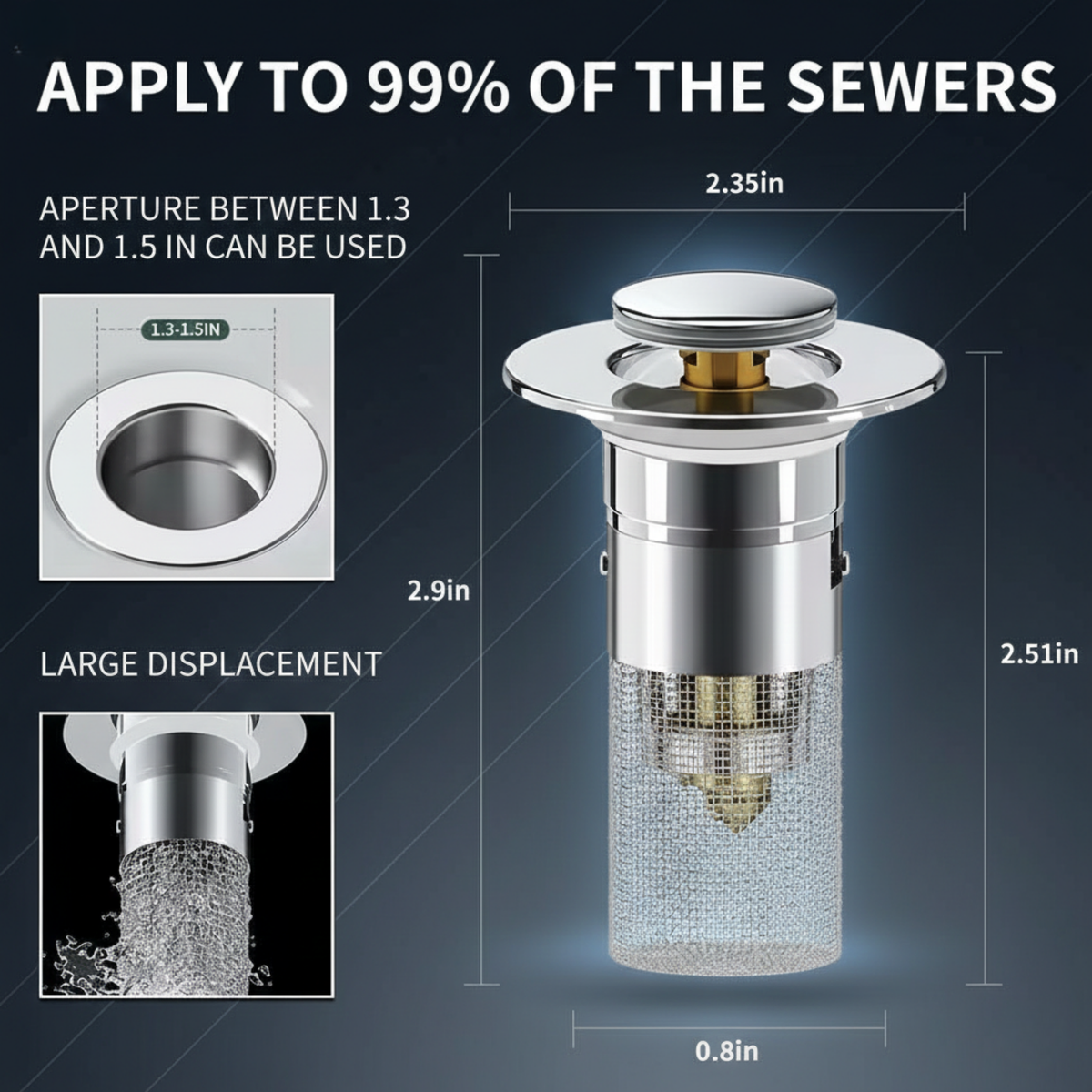 Bathroom Sink Pop-Up Drain Stopper with Removable Hair Catcher, Stainless Steel